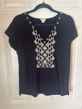 J. Crew Navy Short Sleeve Tunic with White Embroidery